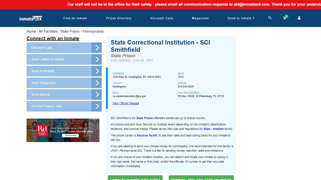 SCI Smithfield & Inmate Search | Visitation - Huntingdon