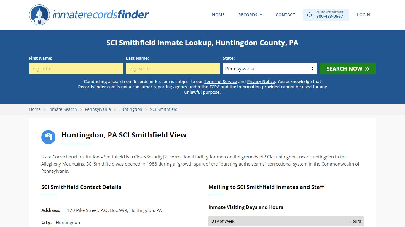 SCI Smithfield Roster & Inmate Search, Huntingdon County ...